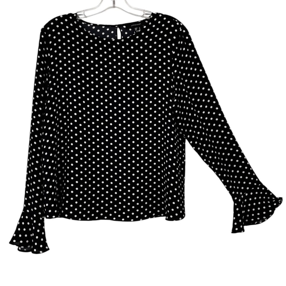 Atmosphere Polka Dot Blouse Womens 10 Navy Bell Sleeve Stretch Top